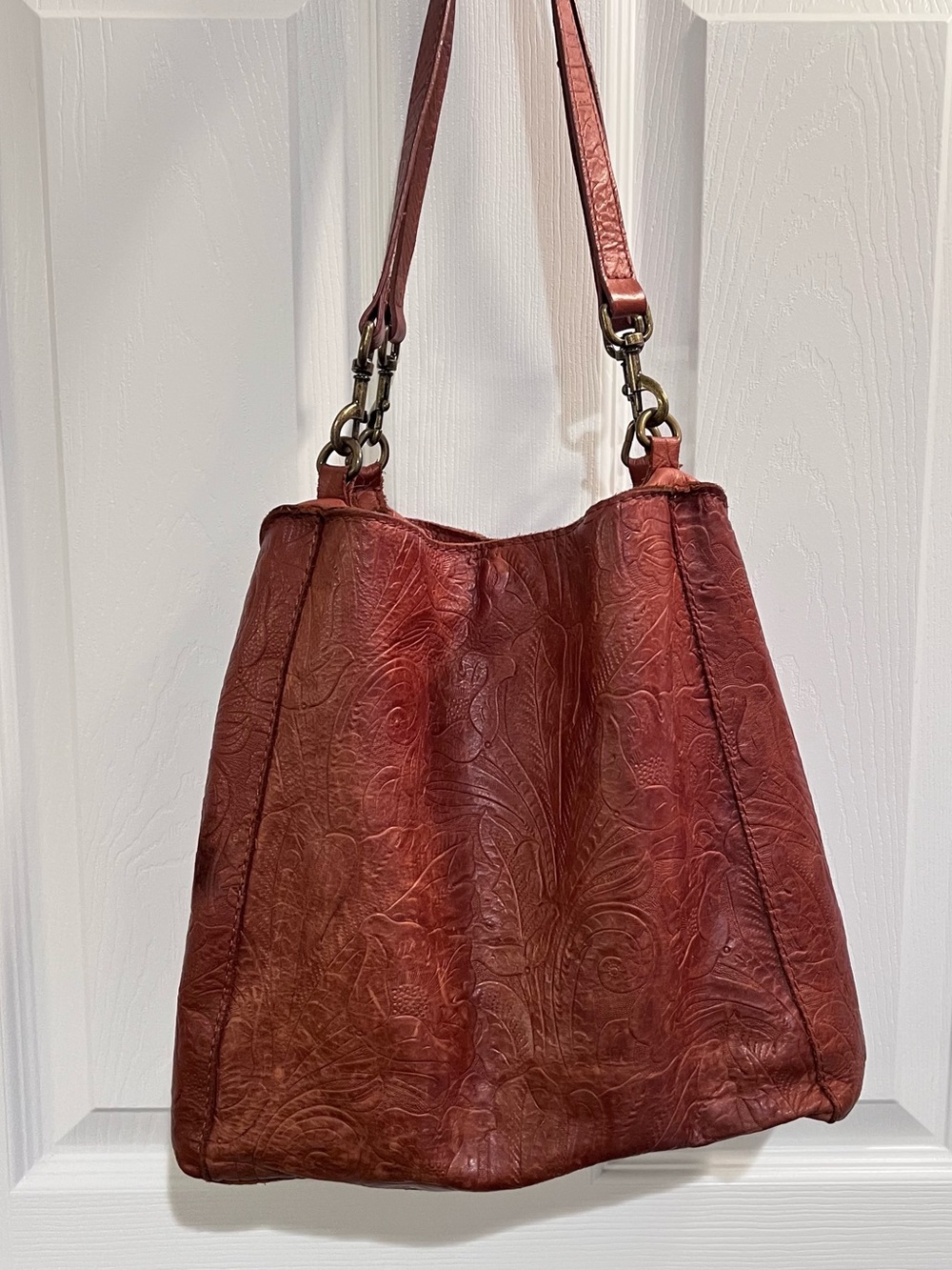 Embossed Leather Brown Hobo Shoulder Bag
